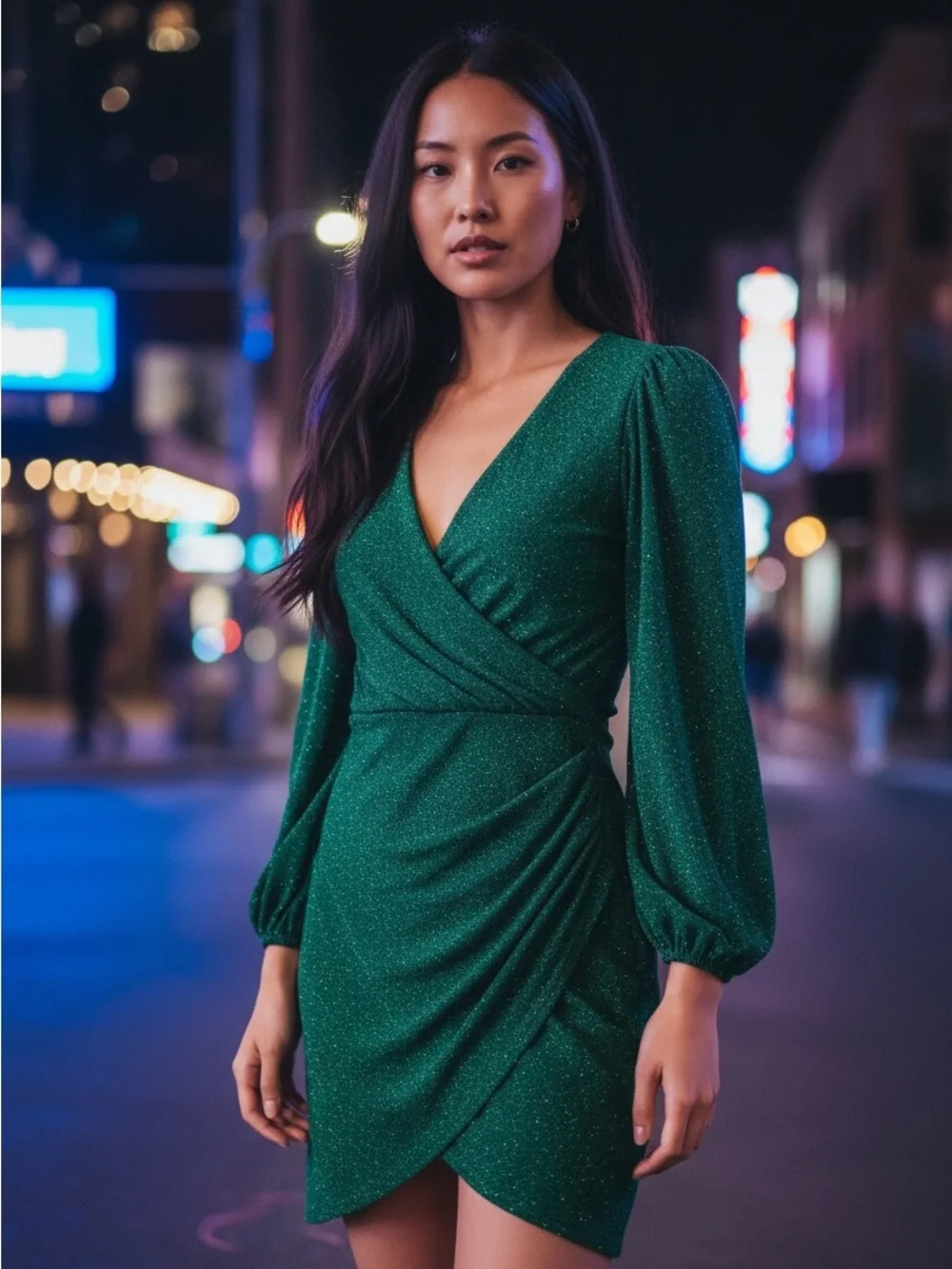 Windsor Dark Emerald  sparkle Wrap Mini Dress size medium stretch asymmetrical